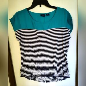 EUC Westbound ladies top, turquoise with black and white stripes, l